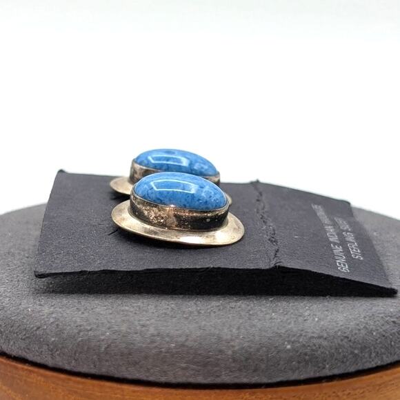 Vintage Genuine Indian Handmade Sterling Silver Oval Blue Stone Post Earrings - Picture 2 of 3